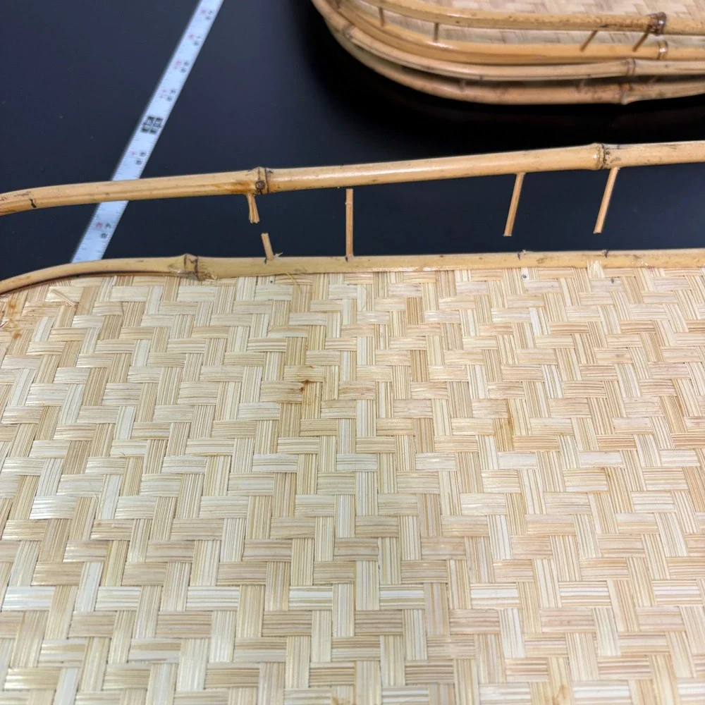 Vintage Bamboo Serving Trays Lot of 7 Tan Woven Rattan Boho Decor Tiki TV Lap
